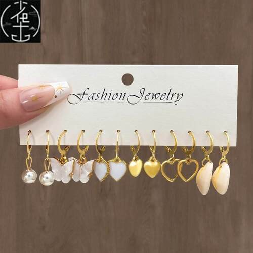 Women Trendy Jewerly Gold Pearl Hoop Earrings Set