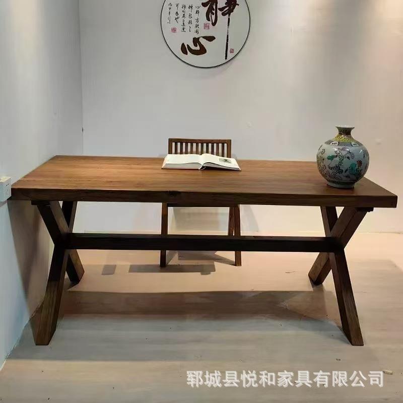 新中式老榆木餐桌椅组合实木酒馆复古长条桌民宿做旧喝茶桌学习桌