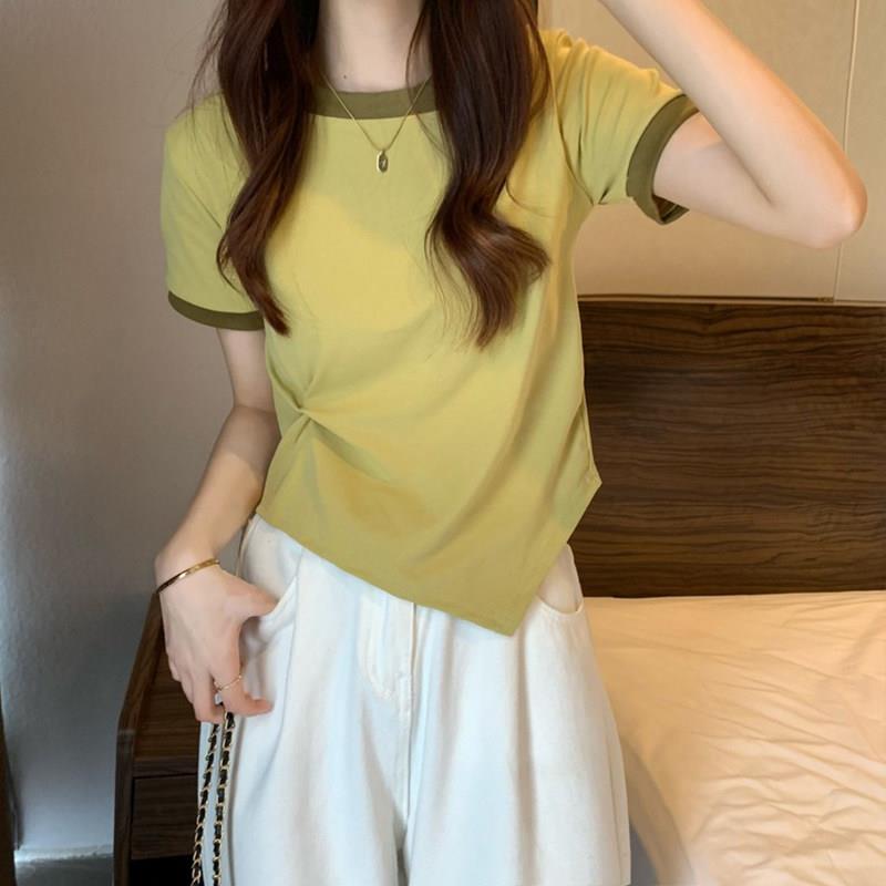 短袖女性2025新夏季小众设计对比色t恤的设计感和别致的不对称短