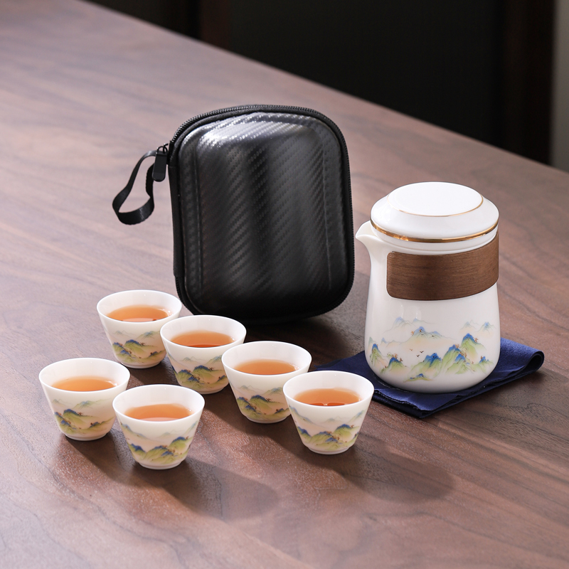 一壶五六杯便携式旅行茶具套装户外快客羊脂玉白瓷办公泡茶壶防烫