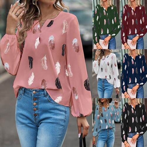 Women's collar, feather print long sleeved T-shirt,