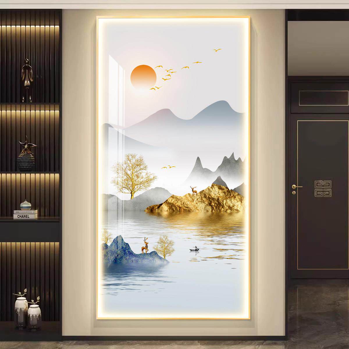 新中式玄关装饰画走廊过道进门高端山水画竖版挂画玄幻LED灯壁画