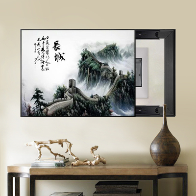 中式国画山水电表箱装饰画轻奢高级长城推拉免打孔遮挡风景浮雕画
