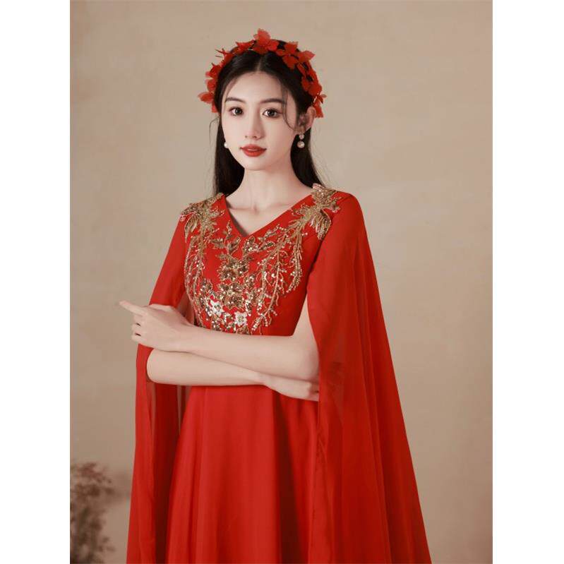 高档款古筝演出服成人新女红色考披肩显演瘦舞台表演民乐出服主艺