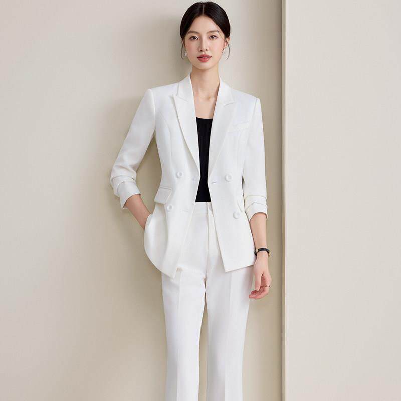 白色西装套装女秋冬职业装正装工作服气质女神范西服微喇裤两件套
