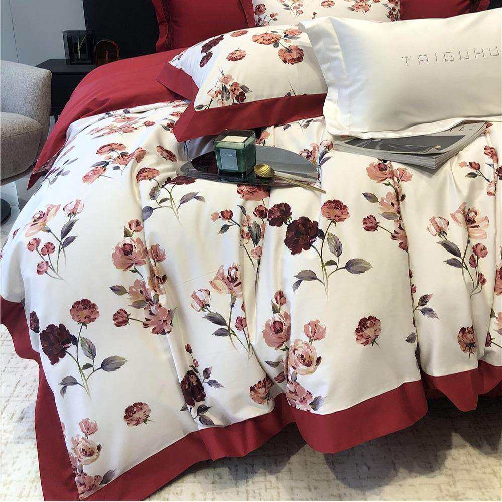 长绒棉数码印花婚庆四件套全棉结婚大红被套宽边1.8床品