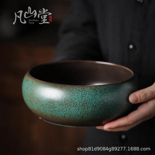 松石绿陶瓷复古茶洗窑变大号茶盂废水缸家用杯洗茶道配件