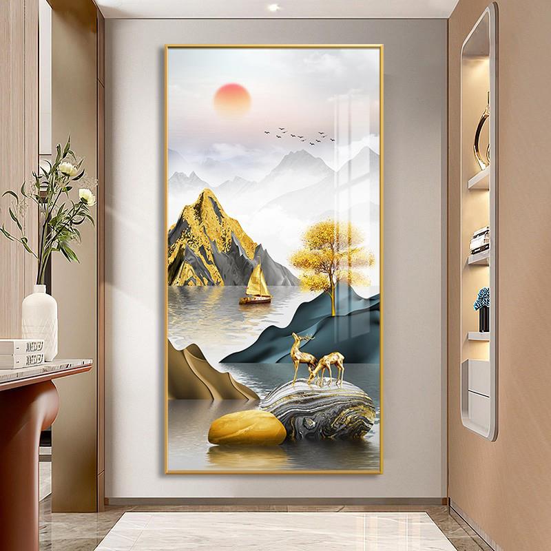 旭日东升新中式玄关装饰画走廊过道挂画对门山水发财树轻奢晶瓷画图片