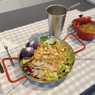 ins不锈钢双手柄海鲜锅家用野餐盘子不锈钢锅韩国西餐盘小吃托盘