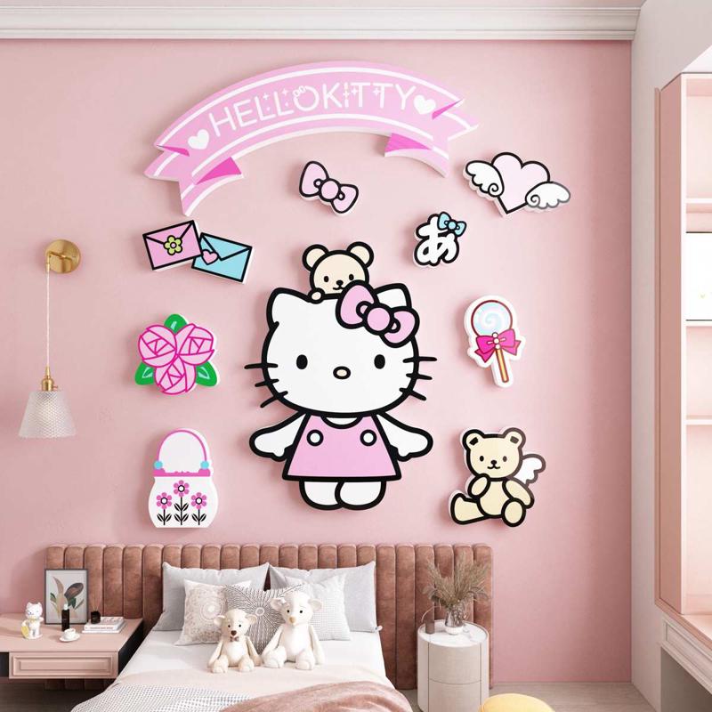 Hellokitty猫儿童墙面装饰女孩床头公主房间卧室壁纸贴画布置生日