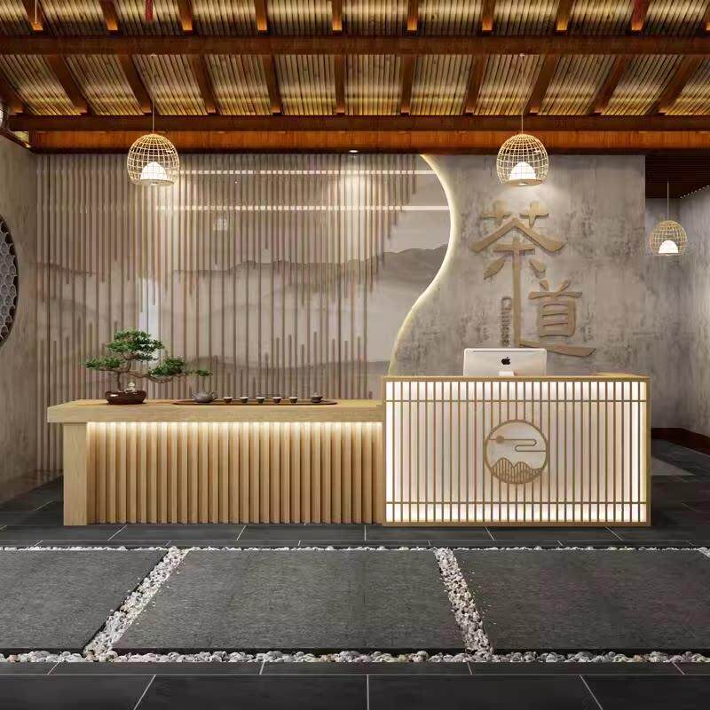 新中式原木色收银台茶台吧台养生馆足浴接待台名宿美容院茶馆前台