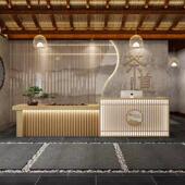 新中式 原木色收银台茶台吧台养生馆足浴接待台名宿美容院茶馆前台