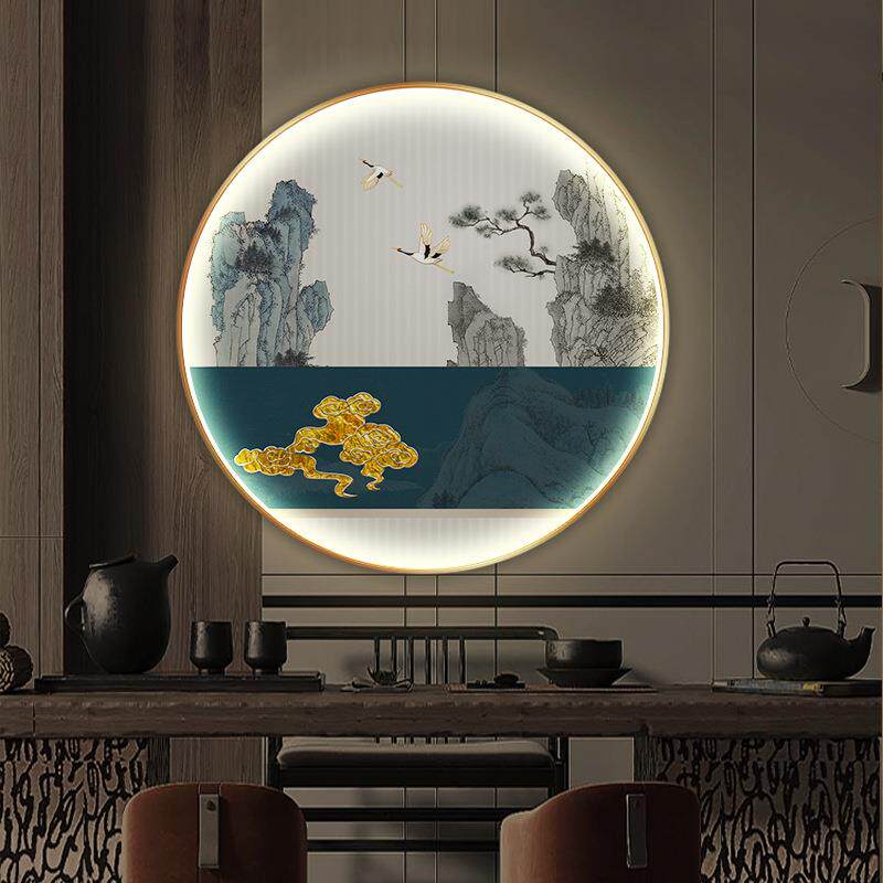 仙鹤图祥云画新中式围炉煮茶书房装饰画圆形LED灯发光挂画抽象壁