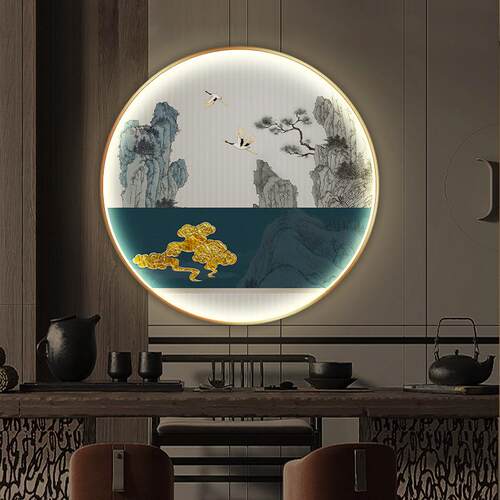 仙鹤图祥云画新中式围炉煮茶书房装饰画圆形LED灯发光挂画抽象壁