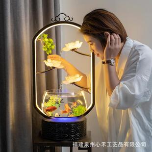 喷泉流水YOG摆件礼客厅办公陶室生财电视柜店铺玄关 桌面瓷鱼缸装