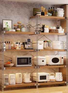 原木风落地多层置物架日式厨房微波炉收纳架家用多功能储物架书架