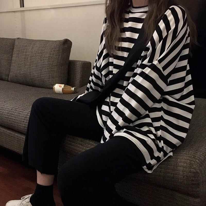 简遇luck品质女装秋装2023年新款原宿风ins潮黑白条纹初秋宽松长