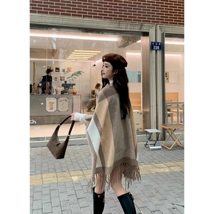 撞色設計高級感披肩女秋冬加厚美拉德外搭旅游保暖大圍巾披風斗篷