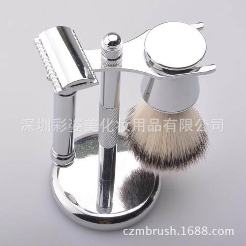 新款直销男士美容工具 胡须刷手动剃须刀套装支架 胡须刷套装银色