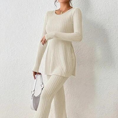 Womens Ribbed Solid Long Sleeve V Neck Top Pants Twopiece