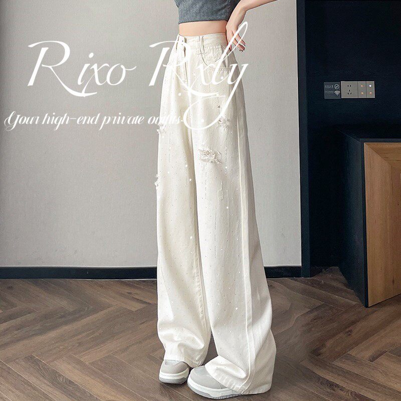 RIXO RXLY白色烫钻破洞阔腿牛仔裤女夏小众设计感高腰显瘦休闲裤