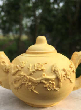 花鸟画木质茶壶摆设 黄杨木雕摆件工艺品家居饰品商务送礼批发