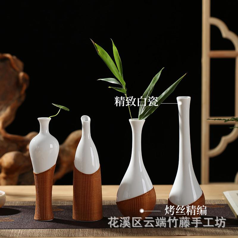 中式创意非遗手工瓷胎竹编工艺竹丝扣瓷茶室摆件花瓶梅瓶茶桌花器