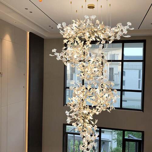 跨境大吊灯loft楼梯灯轻奢别墅挑空跃层客厅大堂售楼部银杏叶灯
