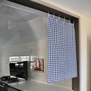 厨房小窗户短窗帘卧室特价乡村格子布自动收拉飘窗挂钩免打孔纱帘