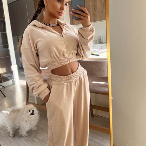 Set long sleeved zipper hooded sweatshirt, elastic long