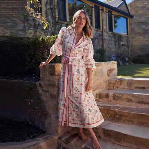 Casual Linen Long Dress With Long Sleeve, Floral Bow Tie,