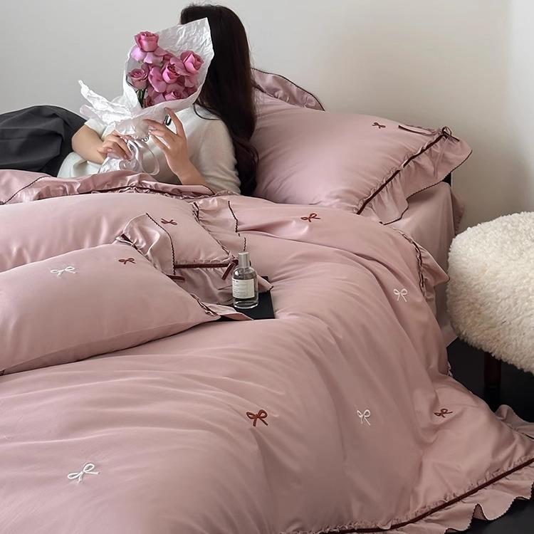 少女心100S长绒棉四件套复古织带蝴蝶结法式花边被套床单床上用品