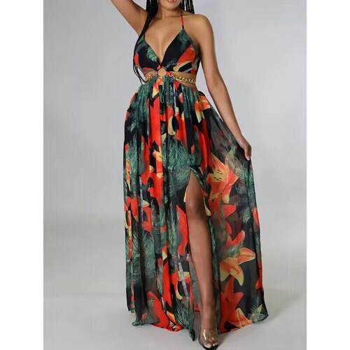 Dark Womens Floral Print Chain Decor Split Thigh Tie Back