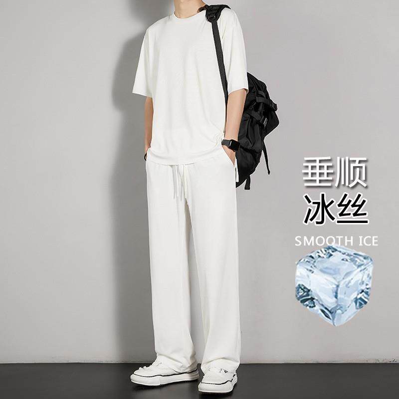 休闲 运动套装男士夏季宽松T恤阔腿长裤搭配一套冰丝纯色简约男装