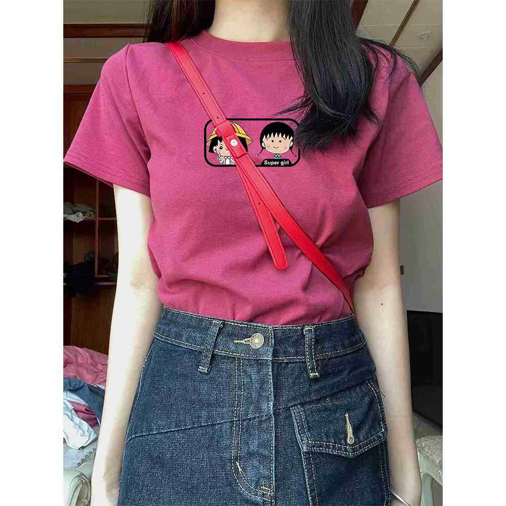 美式复古玫红色正肩印花短袖T恤女2025夏季高级感别致上衣ins修身