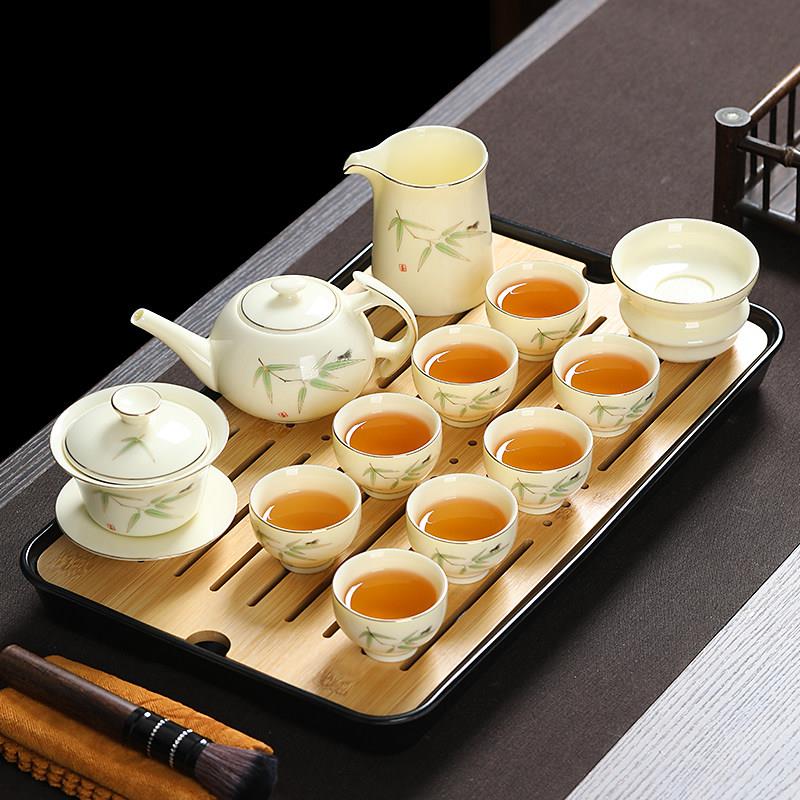 描金宝石黄茶具套装家用功夫茶盘陶瓷茶壶茶杯整套泡茶器送礼盒装