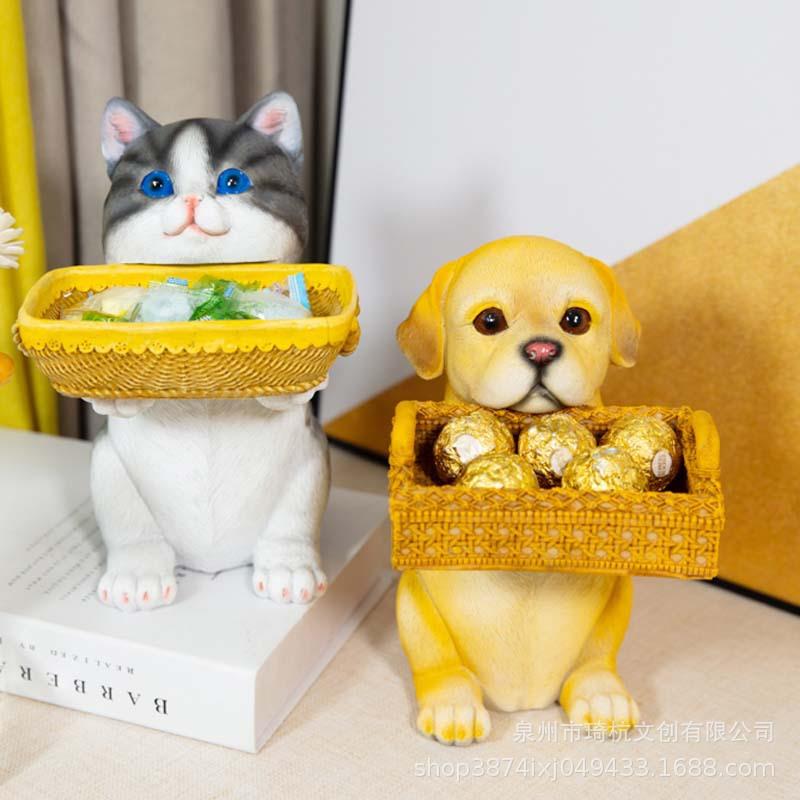 新款直销仿真动物宠物狗收纳盒仿藤编收纳篮猫咪摆件桌面零食杂物