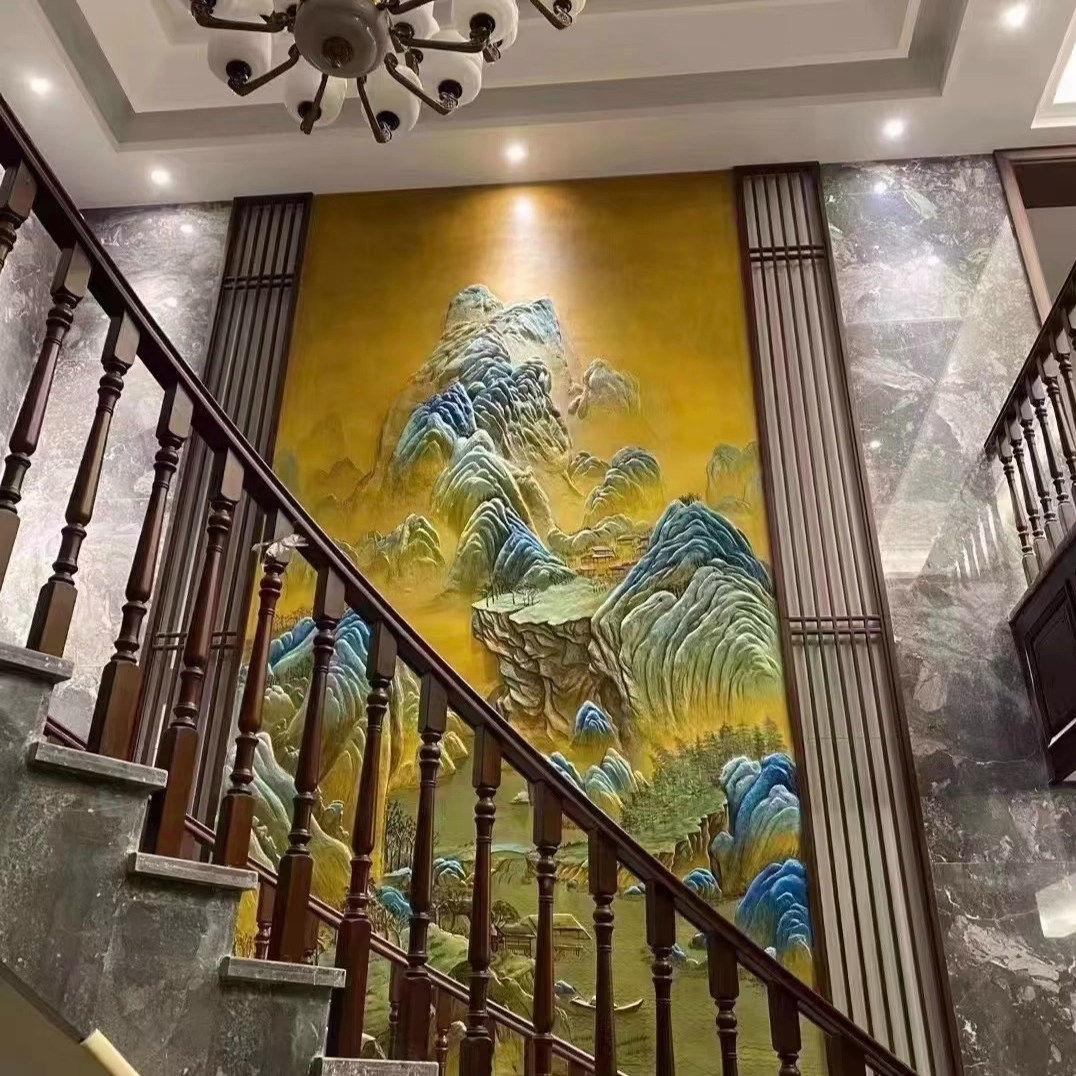 山水浮雕楼梯墙装饰墙布3d立体玄关自粘壁画复式别墅挑高壁纸