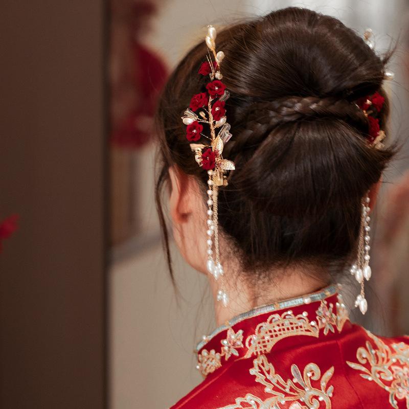 敬酒服头饰新娘红色头花发箍三件套新款简单大气结婚纱礼服发