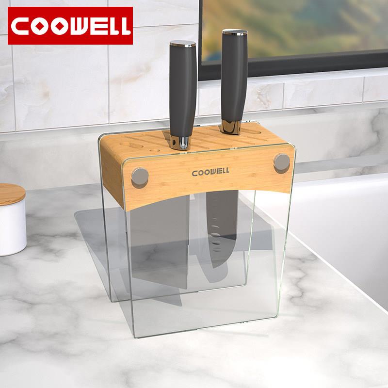 COOWELL厨房置物架落地刀具收纳架 家用钢化玻璃刀座菜刀架
