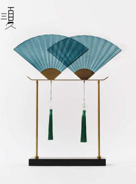 创意新中式摆件湖蓝玻璃折扇工艺品客厅玄关柜陈设会所茶几装饰品