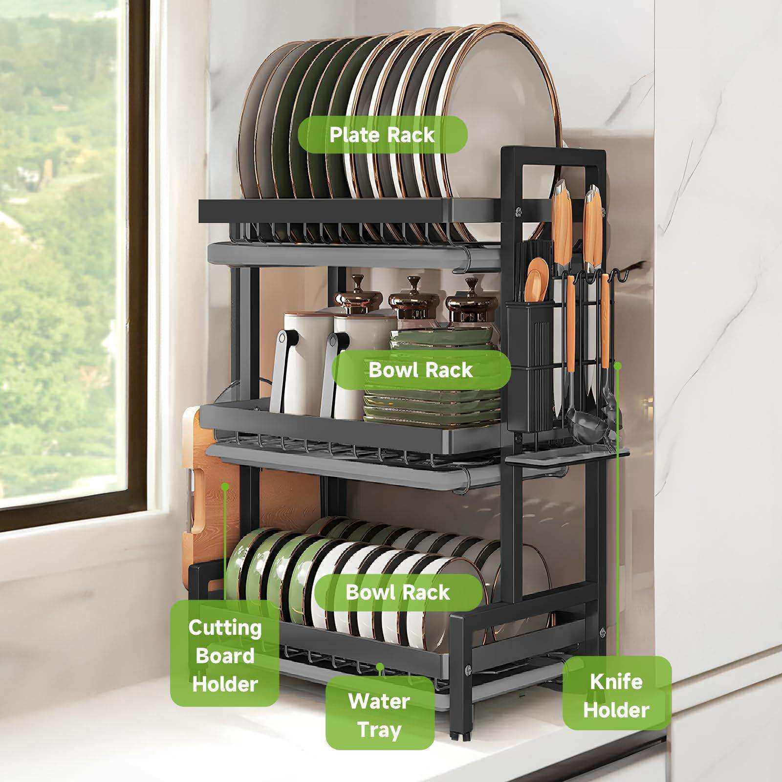 厂家 75L大容量洗碗架三层厨房台面碗碟收纳架抽拉式沥水碗架