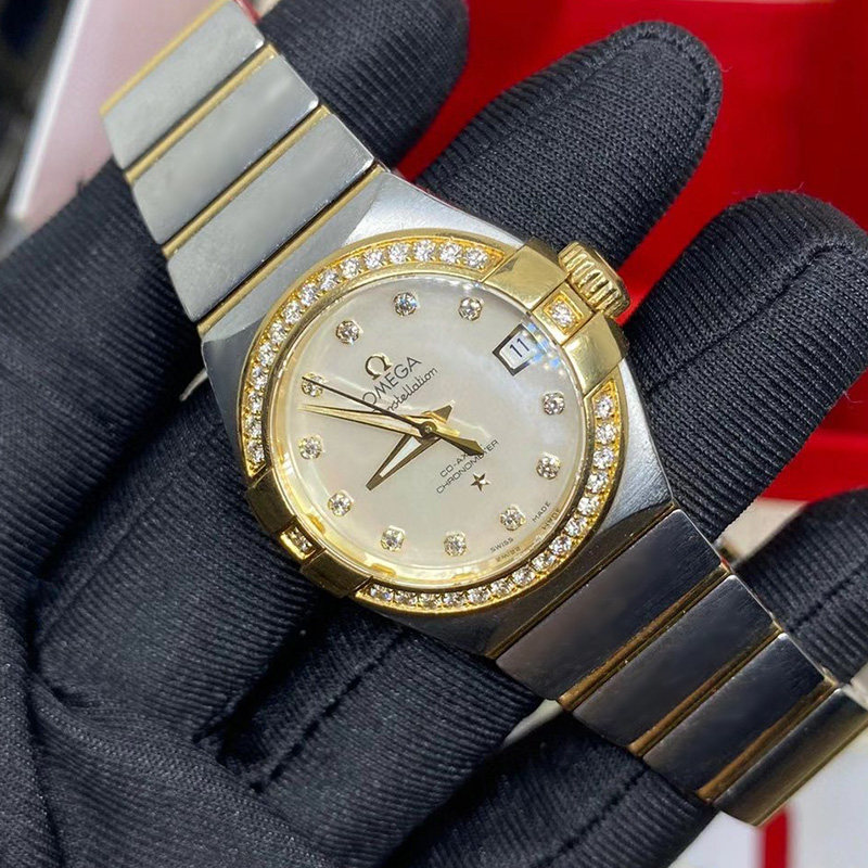 98新欧米茄星座贝母盘18k黄金镶钻123.25.27.20.55自动机械女表