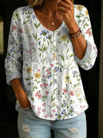 Plus Size Women's Base Blue Flower Print V-Neck Blouse thumbnail 2