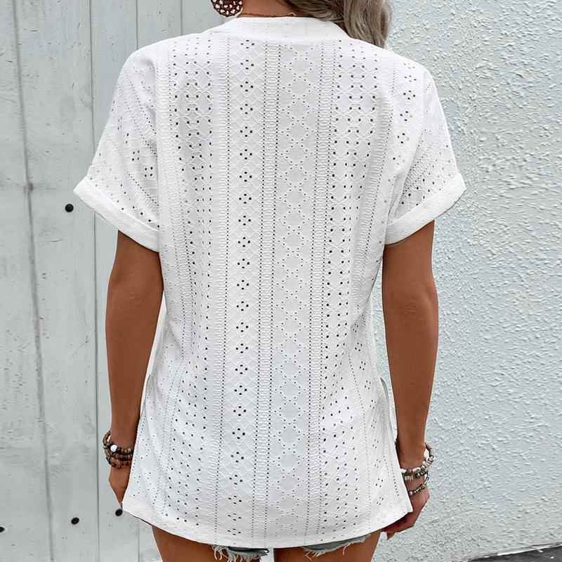 Solid color T-shirt top V-neck textured jacquard