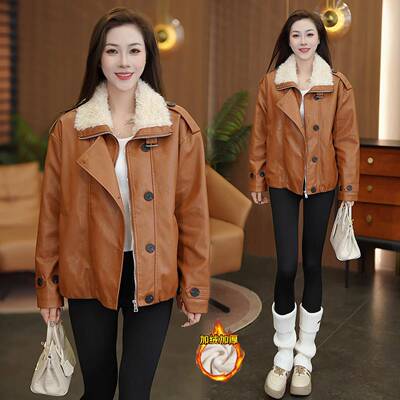 香港代购加绒加厚羊羔毛领皮衣外套女冬新款短款机车夹克洋气上衣