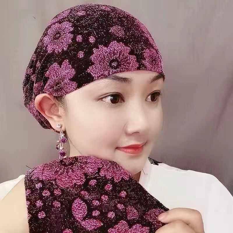 夏季包头帽女士四季印花帽子薄款白发小帽弹力居家包头中年透气