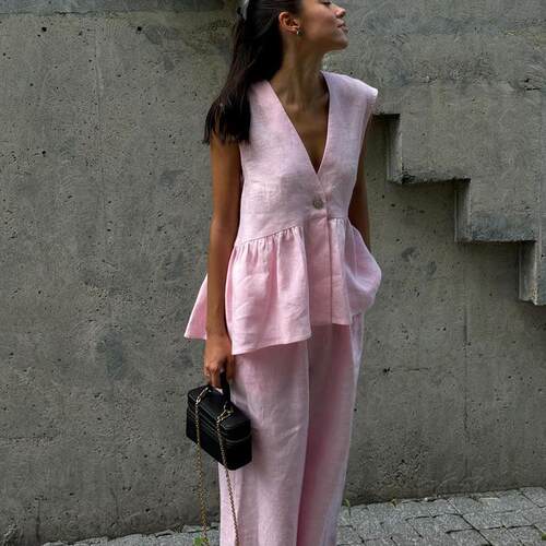 Two-Piece Set Women's Vneck Solid Color Button Front