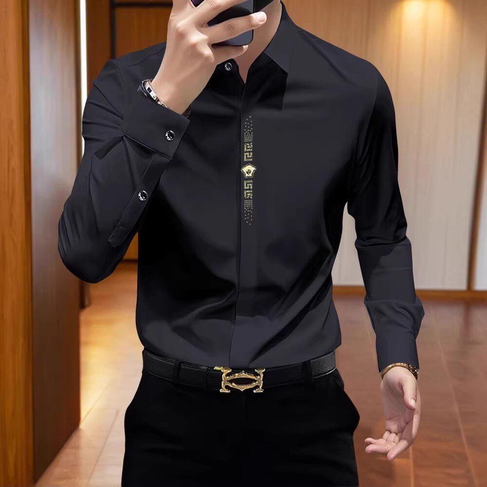 潮牌欧洲站轻奢男士免烫抗皱长袖衬衫商务休闲高弹修身暗门襟衬衣