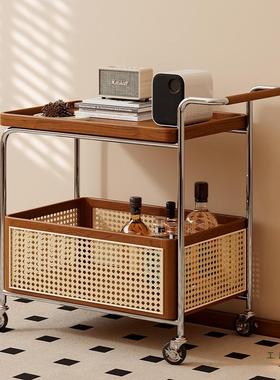 实木可移餐动边几收纳中古小推车厅沙发储置物物客ECA架藤编简约
